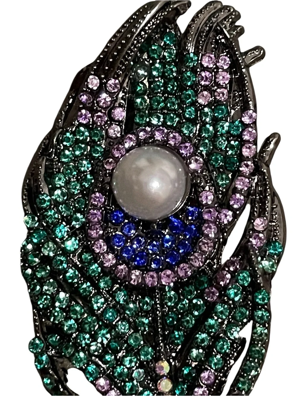 Peacock Feather Crystal Brooch in Green and Blue